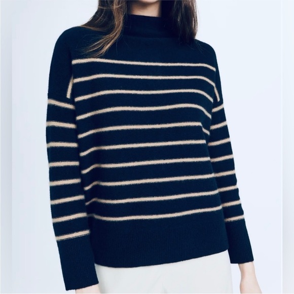 Magaschoni mock neck 100% cashmere stripe sweater in navy NEW - Picture 1 of 9